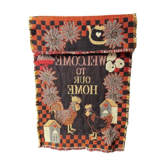 Vtg Tapestry Wall Hanging Chicken Farm Decor Welcome To Our Home Hanger 1995 - Picture 8 of 10